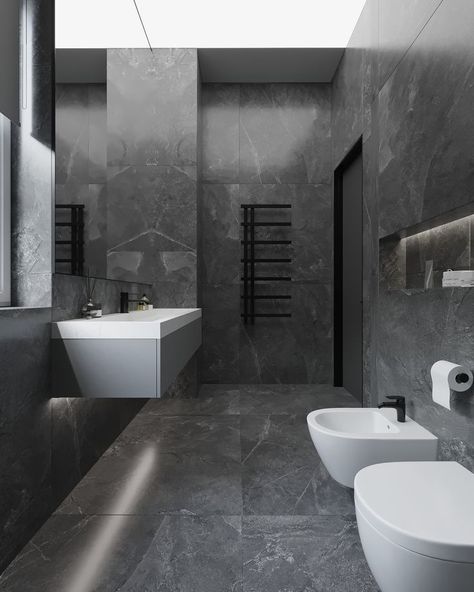 Dark Gray Marble Tile Bathroom, Grey Stone Bathroom Ideas, Dark Marble Tile Bathroom, Dark Grey Modern Bathroom, Dark Grey Tiles Bathroom, Grey Washroom Tiles, Grey Marble Floor Bathroom, Dark Gray Marble Bathroom, Dark Grey Marble Bathroom