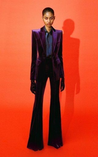 Glam Rock Formal Outfit, Blazer Pants Women, 70s Suit Women, Powersuits Women, Purple Suit Women Aesthetic, 70s Power Suit, Jewel Tone Fashion Editorial, Purple Velvet Suit Women, 70s Velvet Pants