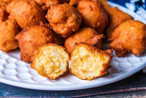 Southern-Style Hush Puppies | Just A Pinch Recipes Southern Hush Puppies Recipe, Fried Chicken Side Dishes, Southern Hush Puppies, Homemade Honey Butter, Hush Puppies Recipe, Side Dishes For Chicken, Southern Cuisine, Just A Pinch, Left Over