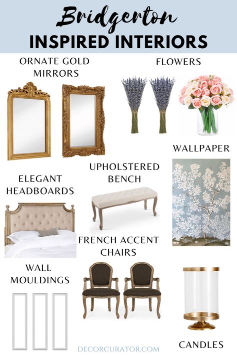 How to Create Bridgerton Inspired Interiors - Decor Curator French Chic Kitchen, Modern Regency Interior, English Cottage Style Kitchen, Regency Era Aesthetic, Post Decor, Regency Interior, English Cottage Kitchens, French Headboard, Regency Decor