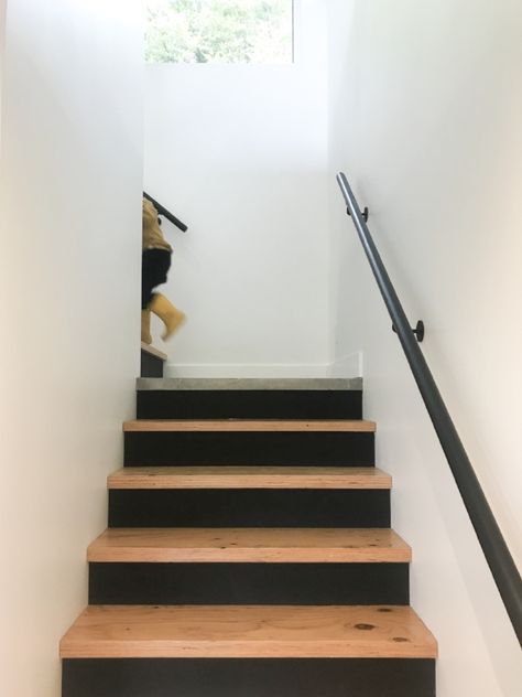 Stairs = playgym for these kids Wood Stairs With Black Risers, Stairs Black And Wood, Black Risers Wood Stairs, Stairs With Black Risers, Black Risers On Stairs, Black Stair Risers, Black And Wood Stairs, Dark Wood Stairs, Black Painted Stairs