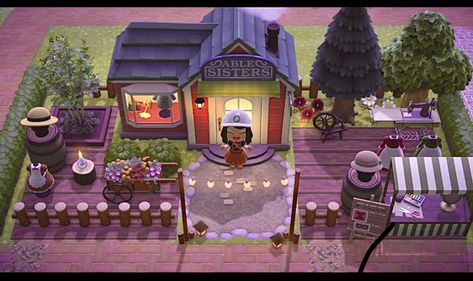 Animal Crossing Mable Sisters Shop Design, Animal Crossing Island Inspiration Able Sisters, Animal Crossing Sewing Area, Acnh Blaire Yard Ideas, Abel Sisters Animal Crossing Design Ideas, Anch Store Front Ideas, Abel Sisters Acnh, Animal Crossing Able Sisters Shop Ideas, Animal Crossing Abel Sisters Shop Ideas