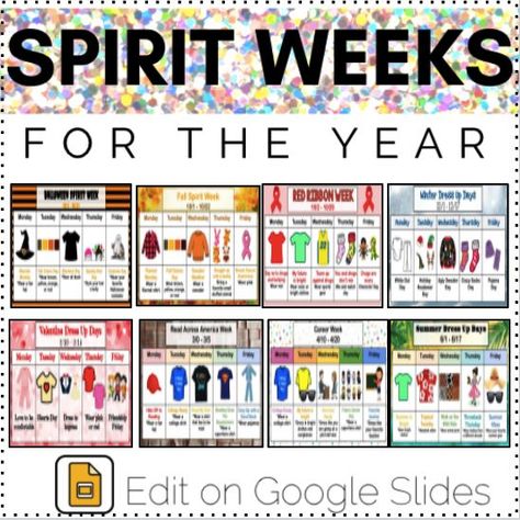 Editable School Spirit Weeks / Dress Up Days Templates for the entire school year!! Save time on planning spirit weeks by getting these editable templates while they are at a discounted rate. These Google Slides can be edited, posted to google classroom or saved and printed as pdfs to be sent home too. *the dates are intentionally incorrect so that they must be edited October Spirit Week Ideas, Dress Up Themes Spirit Weeks, Assisted Living Week Ideas, Thanksgiving Spirit Week, Dress Up Themes, Spirit Weeks, Week Template, Dress Up Days, Sunshine Committee