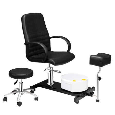 PRICES MAY VARY. 【HYDRAULIC PEDICURE CHAIR】 Hydraulic mechanism raises seat up to an additional 5.9" in height. Swivel chair seat for more convenience in and out. 【ADJUSTABLE FOOT REST】Footrest for client comfort which is adjustable in height, reach and angle. Cushioned foot stand is 10.2’’ long and 3.5’’ thick, designed for foot massage spa. 【ROLLING STOOL】Include a free stool for technician when doing pedicures. Adjustable height varies within 6 inch, together with 360 degree swivel wheels, it Black Pedicure, Pedicure Station, Pedicure Chair, Foot Bath, Salon Furniture, Spa Massage, Foot Massage, Adjustable Legs, Commercial Furniture