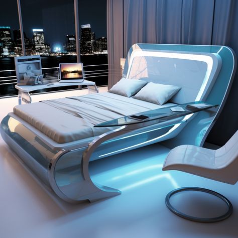 Discover futuristic beds with glowing panels and sci-fi elements, illuminated in shades of blue and white. #FuturisticBeds #GlowingElements #SciFi #32KUHD #UrbanEnergy #Rollerwave Futuristic Bed, Sci Fi Bedroom, Futuristic Room, Beds For Small Rooms, Smart Bed, Furniture Design Chair, Small Room Design, Blue Bedroom, Luxury Decor