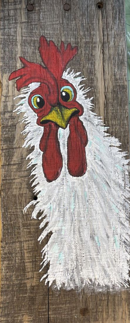 Chicken Coop Art Ideas, Drawing A Chicken, How To Paint Chickens, Chicken Coop Painting Ideas, Chicken Coop Art, Christmas Chicken Painting, Rooster Painting Acrylic Easy, Chicken Coop Mural, Chicken Painting Whimsical