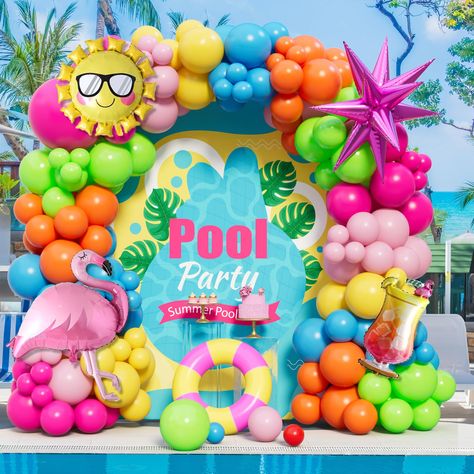 PRICES MAY VARY. 【Summer Pool Beach Party Decorations】The summer party decorations includes 1pcs sun foil balloons, 1pcs flamingo foil balloons, 1pcs flamingo wine cup foil balloons, 1pcs star foil balloons, 26pcs rose red balloons, 25pcs Pink balloons, 25pcs yellow balloons, 25pcs blue balloons, 25pcs light green balloons, 25pcs orange balloons, 1pcs silver ribbon, 1pcs 100 glue points and 1pcs balloon arch strip. 【Premium Materials】Our tropical balloon arch kit is made of natural latex, non-to Pool Party Balloon Arch, Hawaiian Balloon Arch, Star Balloons, Green Balloons, Splash Party, Glasses Sun, Luau Party Decorations, Balloon Arch Kit, Orange Balloons