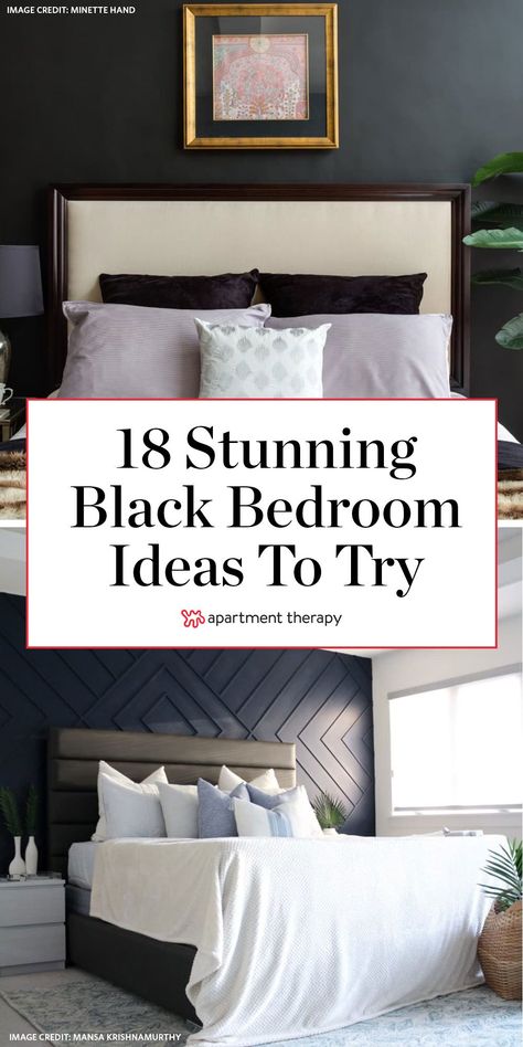 Black bedroom walls are having a moment, and it’s not difficult to see why. Along with creating a bold but sophisticated backdrop for a space, black paint can make a bedroom feel cozy, moody, and perfect for catching Zs. #bedroomideas #bedroomdecor #bedrooms #blackbedrooms #blackwalls #blackbedroomideas #bedroomdecorideas #cozybedroom #romanticbedroom Bedroom Decor With Black Wall, Master Bedrooms With Dark Walls, Black Wall Guest Bedroom, Cozy Black Bedroom Accent Wall, Black Walls Master Bed, Accent Wall Black Bedroom, Master Black Accent Wall, Black Matte Walls Master Bedrooms, Black Paint For Bedroom Wall