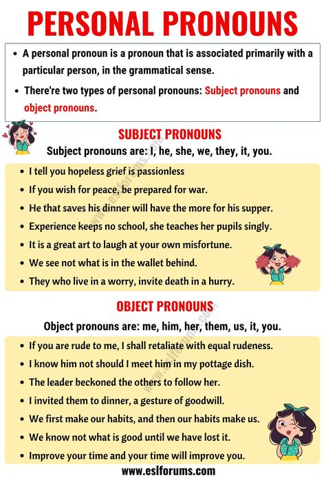 Personal Pronouns: What is a Personal Pronoun? Useful Examples - ESL Forums Pronoun Grammar, Personal Pronoun, Pronoun Examples, Nouns Grammar, Object Pronouns, Improve Vocabulary, English Teaching Materials, Personal Pronouns, English Verbs