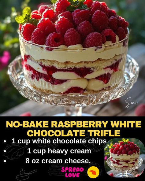 No-Bake Raspberry White Chocolate Trifle Raspberry Cheesecake Trifle, White Chocolate Raspberry Trifle, Easy Trifle Desserts No Bake, Raspberry Trifle Desserts, No Bake Raspberry Desserts, Cheesecake Trifle Recipes, Dessert Trifle Recipes, White Chocolate Trifle, Birthday Preparation