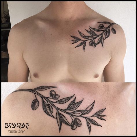 Olive Tattoos, Tattoo Leaf, Collar Tattoo, Olive Tattoo, Olive Branch Tattoo, Small Chest Tattoos, Engraving Tattoo, Leaf Tattoo, Branch Tattoo