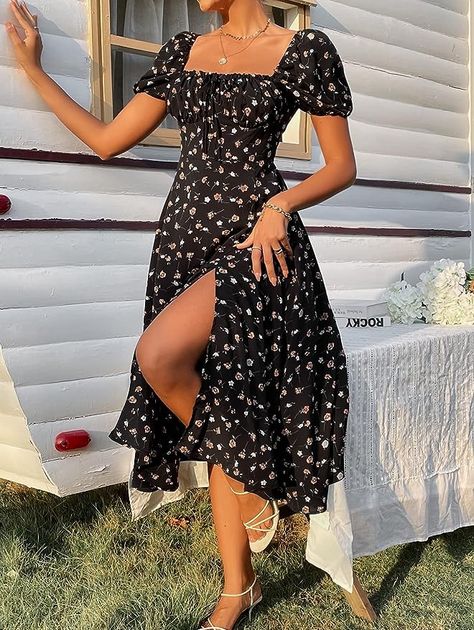 Fall inspo. Women's Floral Split Thigh Square Neck Puff Short Sleeve L.  Fall outfit inspo, fall outfit inspiration, bridesmaid dress, rehearsal dinner dress, semi-formal dress, hoco dress, hoco outfit, wedding rehearsal dinner dress, fall 2023 inspo, fall looks Sundress Outfit, Square Neckline Dress, Boho Dresses Long, Shein Dress, Square Neck Dress, Floral Dress Summer, Birthday Dresses, Guest Dresses, Lana Del Rey