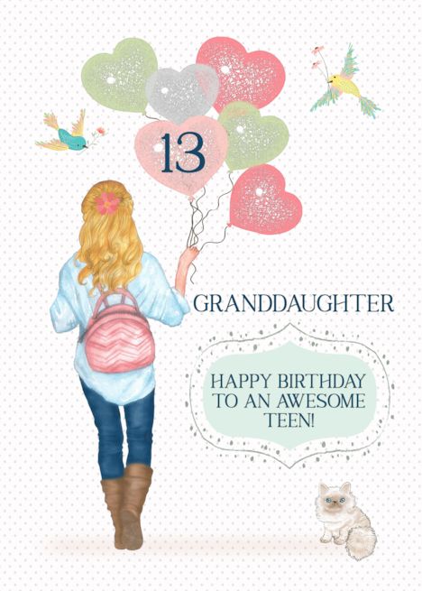 Granddaughter 13th Birthday to Teen Girl with Balloons card Grandaughter Birthday Wishes, 13th Birthday Wishes, Happy 11th Birthday, Birthday Verses, Cat Balloons, Happy 12th Birthday, Happy 15th Birthday, Old Greeting Cards, Watercolor Birthday Cards