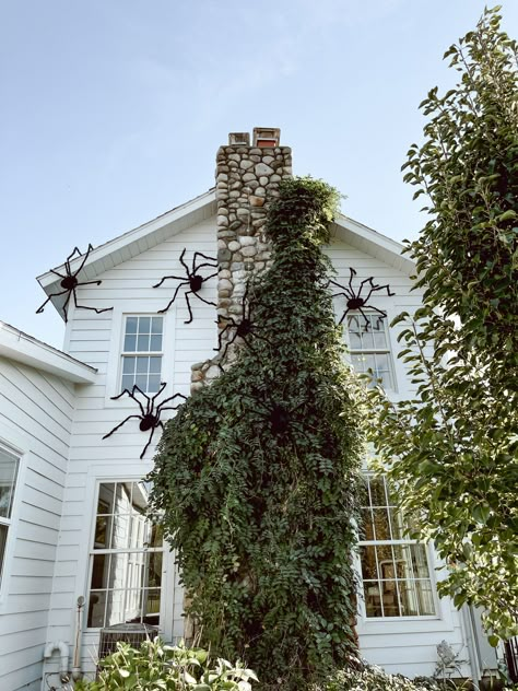 Spider House Halloween, Spiders On House Halloween, Easy Outdoor Halloween Decorations, Spider House, Bug House, 14th Wedding Anniversary, Halloween Housewarming, Halloween Spider Decorations, Cozy Halloween