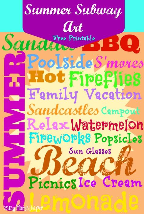 Summer Subway Art Free Printable / by www.BusyMomsHelper.com #freeprintable #summer #subwayart Summer Subway Art, Seasonal Printables, Cricut Art, Project Life Album, Summer Printables, Chalkboard Ideas, Album Ideas, Summer Cards, Art Printables