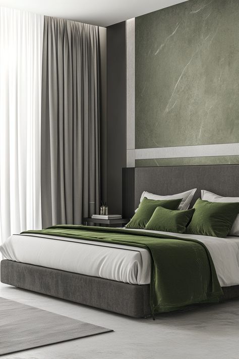 Discover the endless possibilities of green and gray bedroom design. Explore 27 inspiring ideas that showcase different color combinations, textures, and furniture styles. Find the perfect green and gray color palette and create a bedroom that truly reflects your personal style. Green Grey And Black Bedroom, Olive Green And Gray Bedroom, Green And Gray Color Palette, Green And Gray Bedroom, Gray Bedroom Design, Green Reading Nook, Green Window Treatments, Gray Bedrooms, Gray Bedroom Ideas