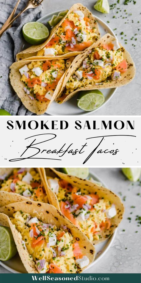 Smoked salmon breakfast tacos could not be easier or more delicious! Silky smooth smoked salmon is nestled between light, fluffy eggs scrambled with cream cheese and chives. Serve in tortillas of your choice. Savory breakfast heaven! Salmon And Eggs Breakfast, Salmon Breakfast Ideas, Salmon Lox Breakfast, Breakfast With Smoked Salmon, Smoked Salmon Breakfast Recipes, Smoked Salmon Recipes Breakfast, Salmon Breakfast Recipes, Salmon Scrambled Eggs Breakfast, Pescatarian Breakfast