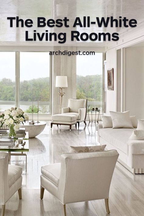 Monochromatic doesn't have to mean minimalist | archdigest.com White Living Room Ideas Luxury, Home Decor Ideas Living Room Modern Interior Design White, Monochromatic White Living Room, Modern White Living Room Luxury, White Livingrooms Design, Monochromatic Neutral Living Room, All White Home Interior Decorating Ideas, Monochromatic Family Room, Contemporary White Living Room