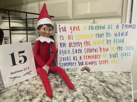 Bible Verse Elf On The Shelf, Weekend Elf On The Shelf, Christian Themed Elf On The Shelf, 12 Days Of Christmas Elf On The Shelf Ideas, Faith Based Elf On The Shelf, Elf And Skittles Rainbow, Elf Ideas With Skittles, Elf On The Shelf Church Ideas, Elf On The Shelf With Skittles