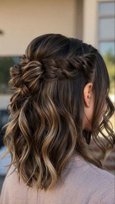 Braided Hairstyles Midlength, Bridesmaid Hair Short Half Up, Jr Bridesmaid Hairstyles Short Hair, Bridesmaids Hair Brunette, Half Up Half Down Hair Styles Short Hair, Bridesmaid Hair Medium Length Braid, Formal Mid Length Hairstyles, Bridesmaid Mid Length Hair, Matron Of Honor Hairstyles Half Up Half Down