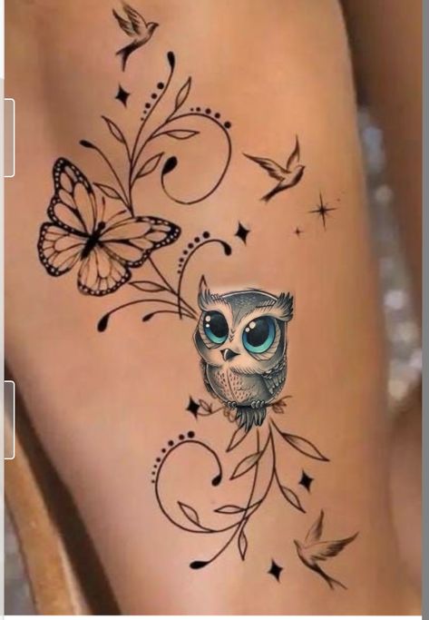 Butterfly And Owl Tattoo, Womens Owl Tattoo, Owl Butterfly Tattoo, Owl Tattoo For Women, Wrist Tattoos Words, Cute Owl Tattoo, Purple Tattoos, Tiny Tattoos For Women, Tattoo Animal