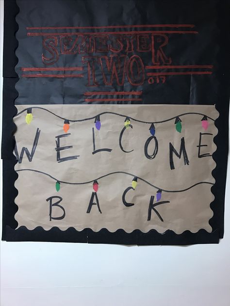 Stranger Things themed bulletin board I made for the beginning of the semester #stfrannyra #reslife #raideas #strangerthings #residentassistant Stranger Things Ra Bulletin Board, Stranger Things Classroom Theme, Stranger Things Classroom Ideas, Stranger Things Bulletin Board, Stranger Things Classroom, Dorm Bulletin Boards, School Counseling Bulletin Boards, Middle School Bulletin Boards, Door Decorations College