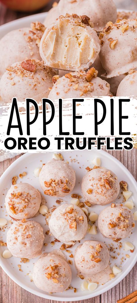 Every bite of these no-bake Apple Pie Oreo Truffles tastes like the most delicious fall day, with sweet apples, cookies, cinnamon, and pecans! #BreadBoozeBacon #oreo #goldenoreo #apple #applepie #piefilling #whitechocolate #cinnamon #creamcheese #truffle #dessert #partyfood #fall #thanksgiving Fall Bake Sale Ideas Easy, Truffle Dessert, Fall Bake Sale, Truffle Recipe Easy, Cookies Cinnamon, Bake Sale Treats, Truffle Recipes, Apple Pie Cake, Bread Booze Bacon