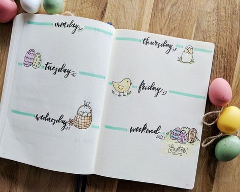 Easter Bujo Theme, Easter Journaling Ideas, Bullet Journal Avril, Easter Bujo, April Bullet Journal Weekly Spread, Easter Bullet Journal, April Stickers, Easter Journal, Journal Weekly Layout