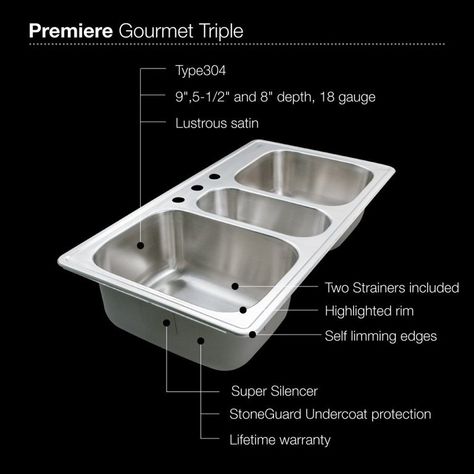 Houzer PGT-4322-1 Premiere Gourmet Series Topmount Stainless Steel 4-Hole Triple Bowl Kitchen Sink - Walmart.com - Walmart.com Bowl Sinks, Kitchen Island With Sink, Topmount Sink, Top Mount Kitchen Sink, Sink In Island, Stainless Kitchen, Double Bowl Kitchen Sink, Bowl Kitchen Sink, Bowl Sink