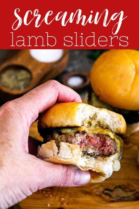 Lamb Sliders Burger Recipes, Jelly Appetizers, Slider Burgers, Hearty Appetizers, Meaty Appetizers, Cheeseburger Recipes Homemade, Small Sandwiches, Screaming Goat, Ground Beef Sliders