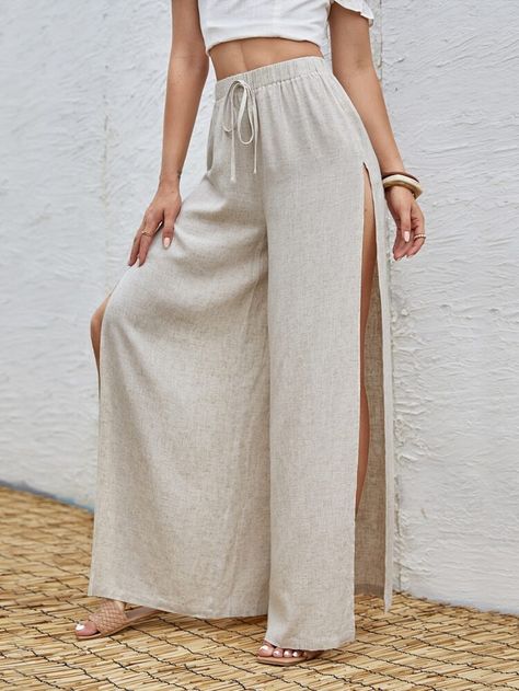 Mode Batik, Wide Leg Palazzo Pants, High Waist Wide Leg Pants, Casual Wide Leg Pants, Khaki Fashion, Flowy Pants, Women Pants, Womens Tie, Palazzo Pants