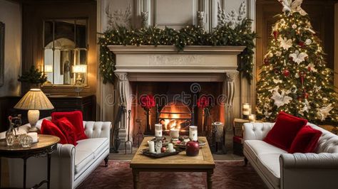 Christmas at the manor, English countryside decoration and interior decor stock image Old English Manor Interior, Old English Christmas Decor, English Manor Interior, English Country Christmas, Countryside Christmas, Old English Manor, Manor Interior, English Christmas, English Manor