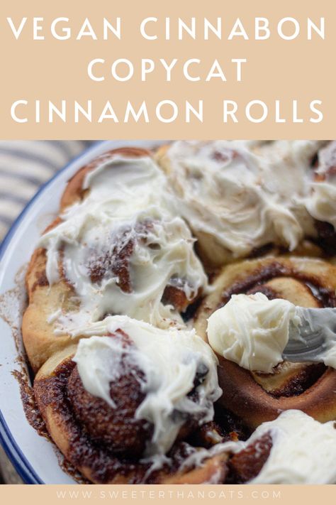 A tray of cinnamon rolls being iced Afternoon Tea Party Food, Copycat Cinnabon Cinnamon Rolls, Cinnabon Copycat, Copycat Cinnabon, Vegan Cream Cheese Icing, Vegan Copycat, Cinnabon Rolls, Healthy Bakes, Cinnabon Cinnamon Rolls