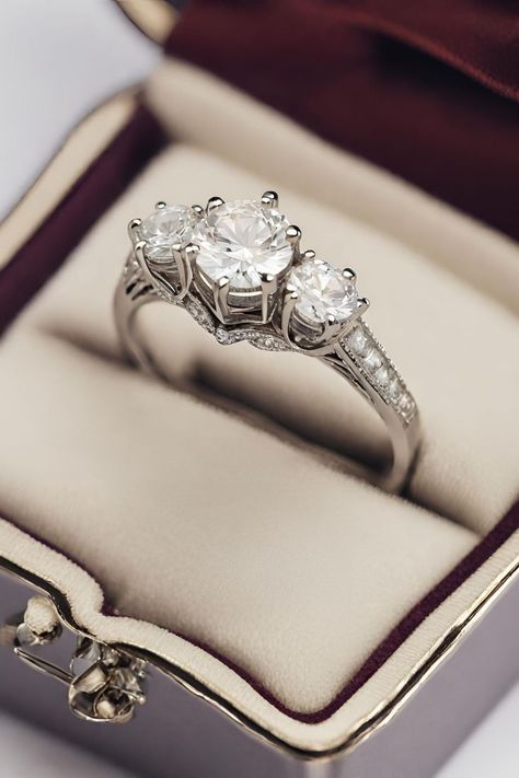 Securing the second spot among our 21 Three Stone Engagement Rings is this enchanting Vintage Cathedral Setting Three Stone Diamond ring. Its timeless design, reminiscent of a bygone era, features a majestic cathedral setting that accentuates the beauty of the three sparkling diamonds. Embark on a journey through our curated collection by clicking to see more. Three Stone Engagement Rings Vintage, Cathedral Setting, Pretty Engagement Rings, Cathedral Engagement Rings, Three Stone Diamond Rings Engagement, Stone Diamond Ring, Three Stone Diamond Ring, Three Stone Diamond, Cushion Diamond