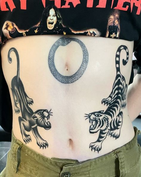 Black Panther Hip Tattoo, Jaguar Stomach Tattoo, American Traditional Big Cat Tattoo, Animal Collar Bone Tattoo, Panther Hip Tattoo, Panther Stomach Tattoo, Trad Panther Tattoo, Snake Wrapped Around Leg Tattoo, Tattoo Hips Women