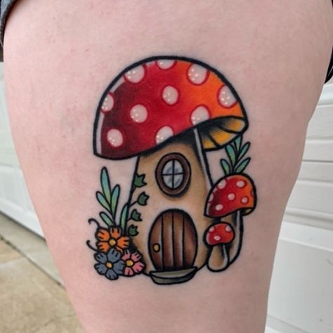 Gnome House Tattoo, American Traditional Mushroom Tattoo, Mushroom House Tattoo, Mushroom House Illustration, Traditional Tattoo Wrist, Arkansas Tattoo, Mushroom Tattoo Ideas, Cottagecore Tattoo, Tat Inspiration