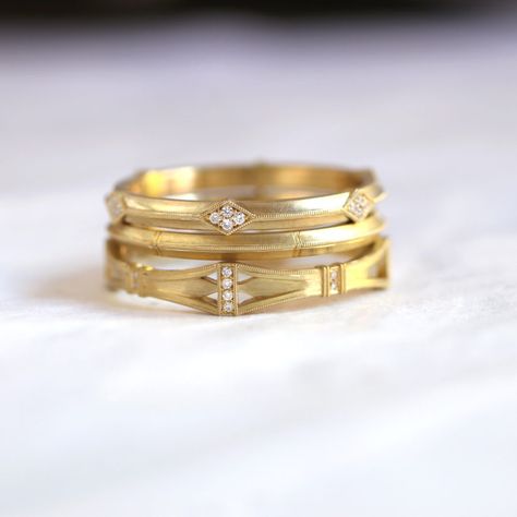 Contemporary Bridal Jewellery, Knife Edge Wedding Band, Stacked Wedding Bands, Unique Diamond Rings, Gold Rings Fashion, Custom Ring Designs, Unique Diamonds, Fine Jewelry Designers, Engraved Rings