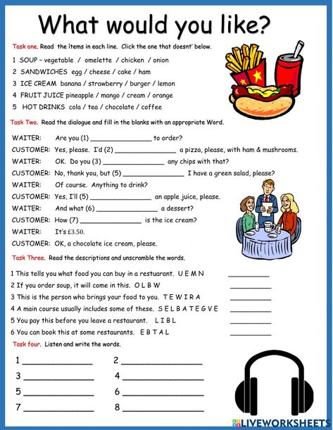 Would Like To, Would You Like Worksheets, Conversation At The Restaurant, Restaurant Words English, Restaurant Phrases English, Restaurant Vocabulary English Worksheets, At The Restaurant Vocabulary, Food Worksheet, Speaking Activities English