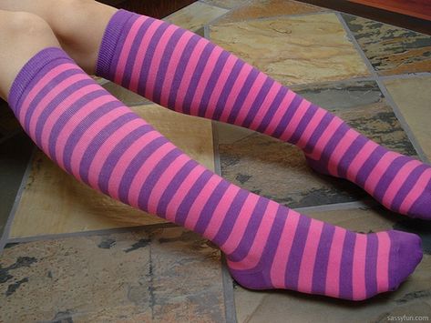 lovely purple and pink striped knee socks | by sassyfun Black Astronauts, Penguin Socks, Socks Aesthetic, Purple Socks, Yellow Socks, Heart Socks, Green Socks, Stylish Socks, Cat Socks