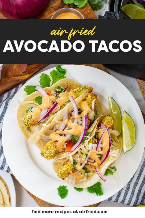 These air fryer avocado tacos are a great vegetarian taco option that provides a great texture and taste to your taco! Avacado Tacos, Air Fryer Avocado, Fried Avocado Tacos, Avocado Fries Recipe, Avocado Tacos, Vegetarian Taco, Avocado Taco, Avocado Fries, Vegetarian Tacos