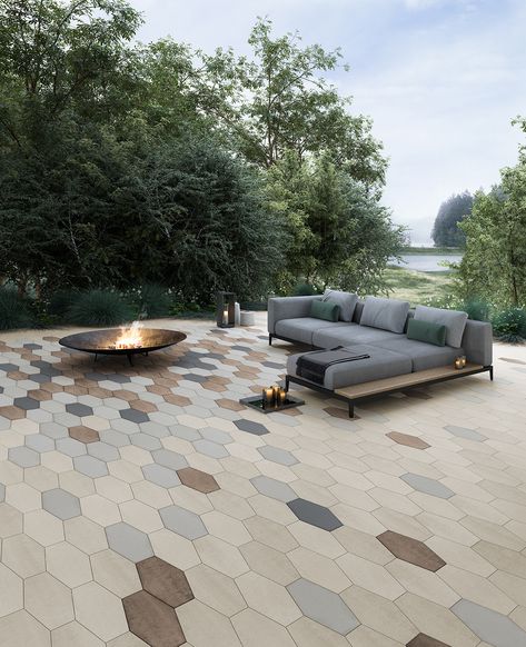 Hexagon Pavers Patio, Hexagonal Pavers, Modern Paver Patio, Hexagon Pavers, Pavement Design, Modern Patio Design, Residential Landscaping, Patio Slabs, Hardscape Design