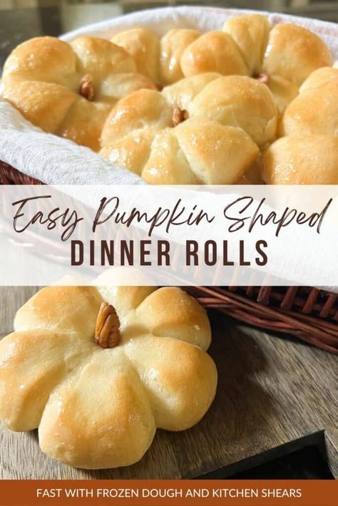 These pumpkin rolls are so easy to make using frozen dinner roll dough and kitchen shears. They're the perfect extra touch for Thanksgiving dinner or any special fall meal! Pumpkin Shaped Rolls, Pumpkin Dinner Rolls, Pumpkin Dinner, Rhodes Rolls, Thanksgiving Bread, Pumpkin Rolls, Frozen Dinner Rolls, Frozen Dinner, Fall Meal