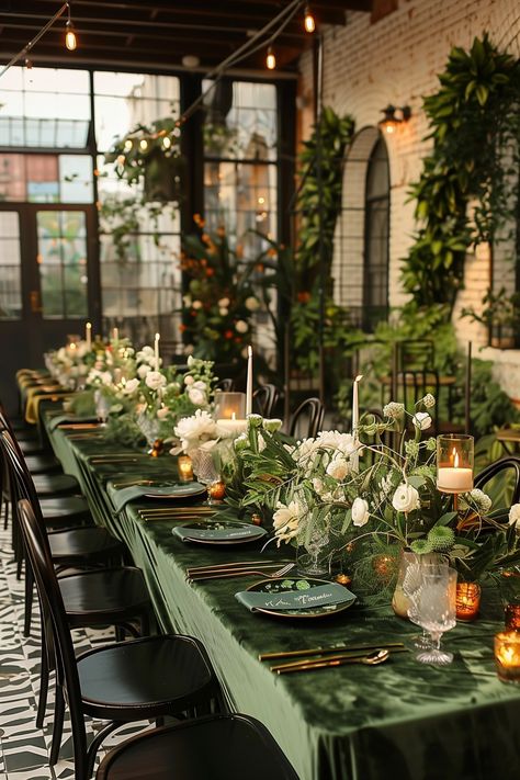 Fall Forest Green Wedding, Olive Green Outdoor Wedding, Black White And Green Table Setting, Winter Wedding Emerald Green And Gold, Hunter Green Wedding Table Setting, Olive Table Decoration, Enchanted Forest Tablescape, Emerald Green Wedding Aesthetic, Gold And Emerald Wedding Decor