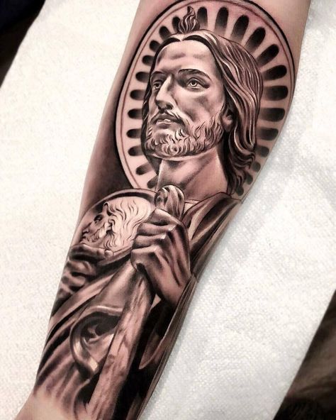 Saint Jude Tattoo, St. Jude Tattoo, San Judas Tattoo, Religous Tattoo, Mary Tattoo, Realistic Tattoo Sleeve, Hand Tattoos For Girls, Saint Jude, Men Tattoos Arm Sleeve