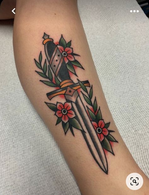 Traditional Tattoos Forearm Women, Traditional Swords Tattoo, Calf Tattoos For Women Traditional, American Traditional Tattoos Knife, 3 Of Swords Tattoo Traditional, Forearm Tattoo American Traditional, Traditional Tattoos With Words, American Tradional Tattoos, Forearm Tattoo Women Traditional