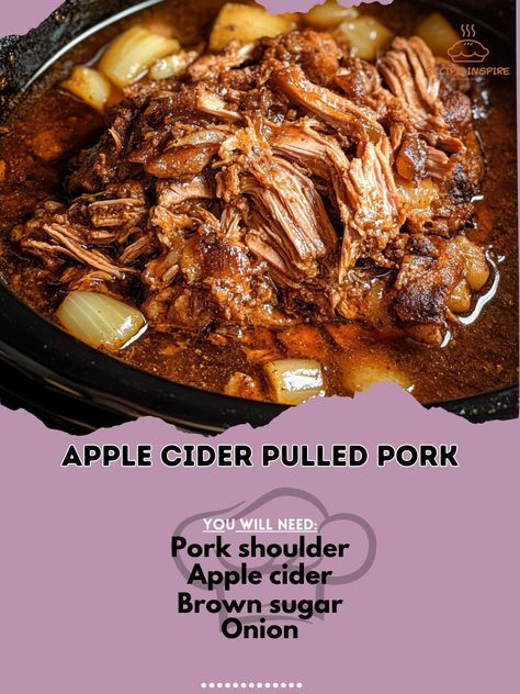 🍏🍖 Savor the deliciousness of Apple Cider Pulled Pork! A perfect balance of sweet and savory, ideal for gatherings! #PulledPork Apple Cider Pulled Pork Ingredients: Pork shoulder (3-4 lbs) Apple cider (1 cup) Brown sugar (1/4 cup) Onion (1, sliced) Garlic (4 cloves, minced) Apple cider vinegar (1/4 cup) Paprika (1 tbsp) Salt (1 tsp) Black pepper (1/2 tsp) Instructions: Place sliced onion at the bottom of a slow cooker. In a bowl, mix apple cider, brown sugar, vinegar, garlic, paprika, sal... Crockpot Apple Cider Pulled Pork, Pulled Pork Apple Cider Vinegar, Pork Shoulder Slow Cooker, Cider Pulled Pork, Crockpot Pork Shoulder, Apple Cider Pulled Pork, Crockpot Apple Cider, Slow Cooker Pork Shoulder, Pork Roast With Apples