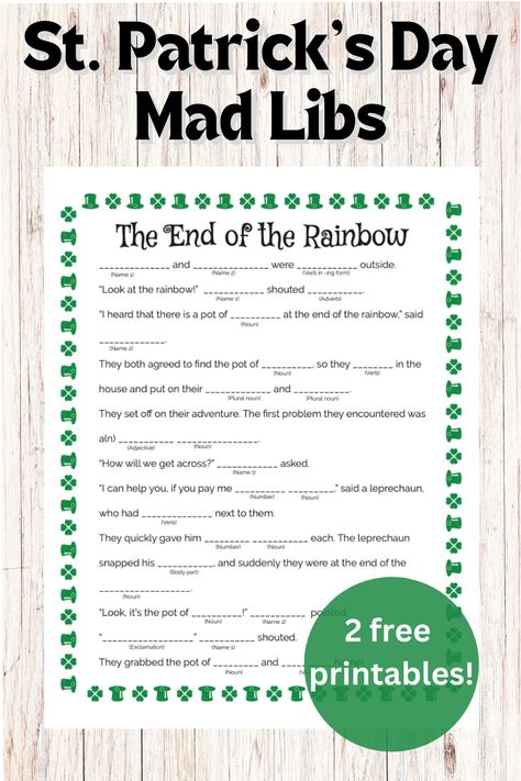 2nd Grade St Patricks Day Activities Free, St Patrick's Day Activities For Adults, Free Printable St Patricks Day Activities, St Patrick’s Day Activities Elementary, Free Mad Libs Printables, Free Printable Mad Libs, Mad Libs For Kids, Mad Libs For Adults, St Patricks Printables