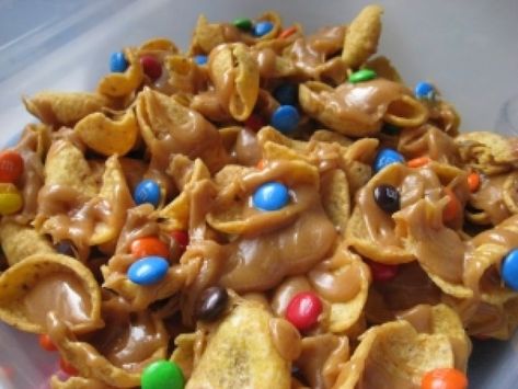 Salty Sweet Peanut Butter Caramel Funky Fritos | New Nostalgia Funky Fritos, Work Snacks, Tailgate Ideas, Tailgating Ideas, Peanut Butter Caramel, Appetizer Party, Snack Mixes, Birthday Snacks, Butter Caramel