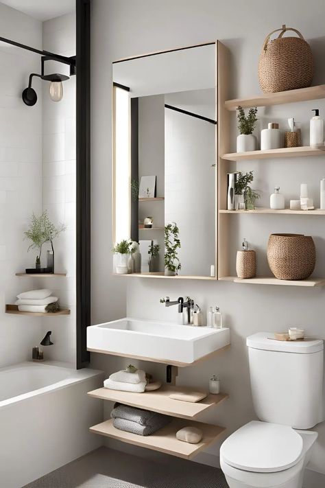 23 Brilliant Small Full Bathroom Ideas for Urban Living - RectifyHome Bathroom Narrow Shelves, Clever Storage Ideas For Small Spaces Bathroom, Storage Over Toilet In Small Bathroom, Small Bathroom Linen Closet Ideas, Small Full Bathroom Storage Ideas, Small Bathroom With Storage, Storage In Small Bathroom, Bathroom Open Shelving Storage, Tiny Full Bathroom Ideas