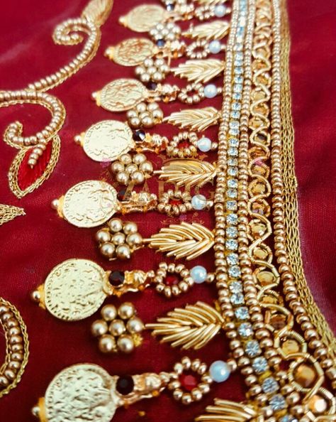 No photo description available. Work Blouse Hand Designs, Blouse Designs Aari Work, Blouse Maggam Work, Work Blouse Designs, Maggam Work Blouse, Maggam Work Designs, Aari Designs, Pattu Saree Blouse Designs, Kids Blouse Designs